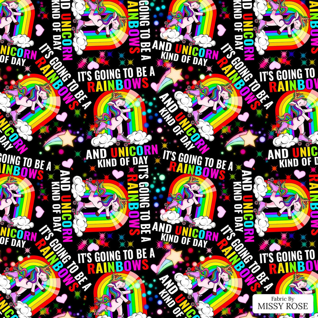 Design 499 Rainbow Unicorn Fabric - flat view of the print, zoom in for detail | Fabric by Missy Rose