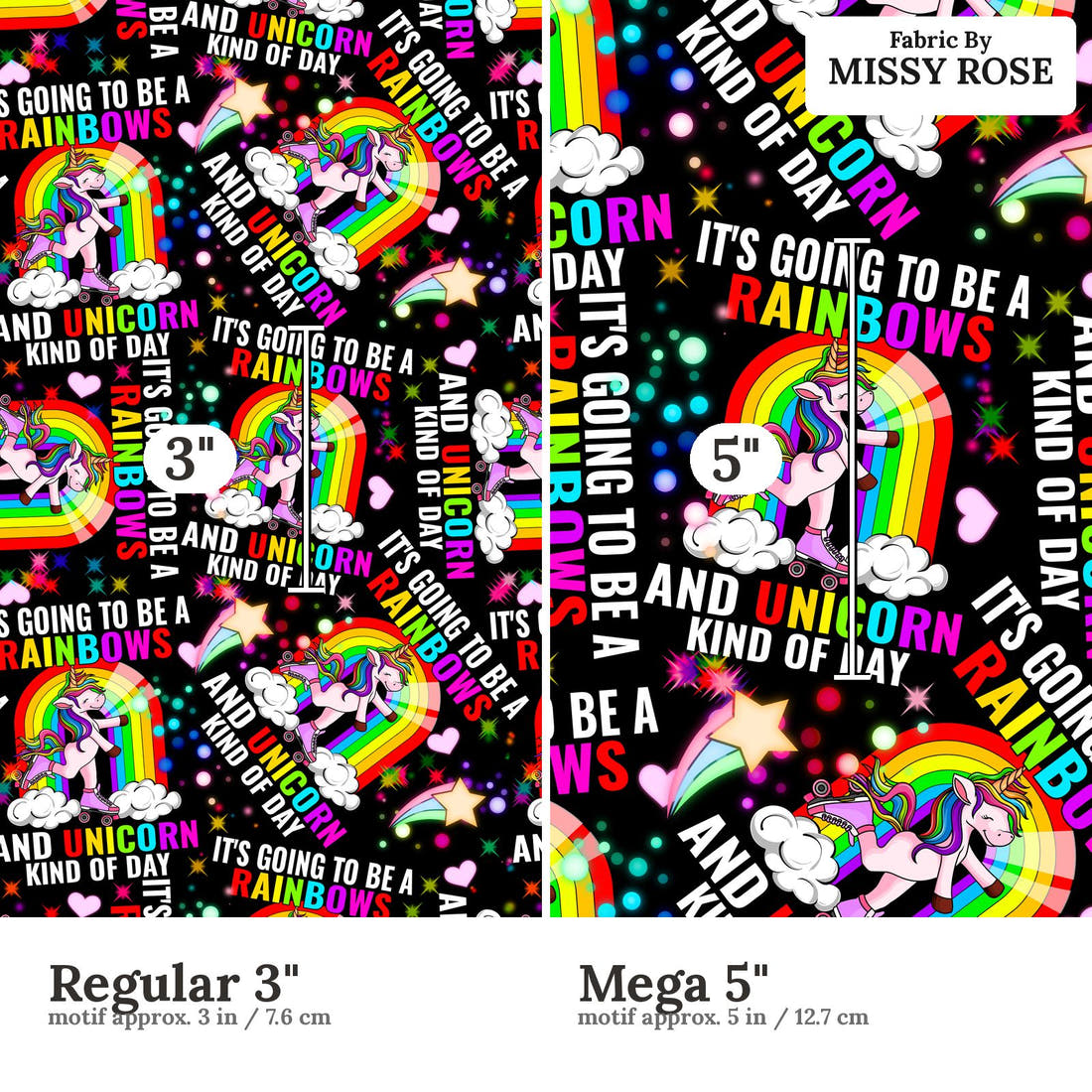 Design 499 Rainbow Unicorn Fabric size comparison - print scale | Fabric by Missy Rose