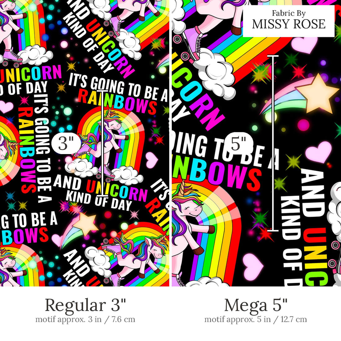 Design 499 Rainbow Unicorn Fabric Regular 3 inch vs Mega 5 inch print scale side by side | Fabric by Missy Rose