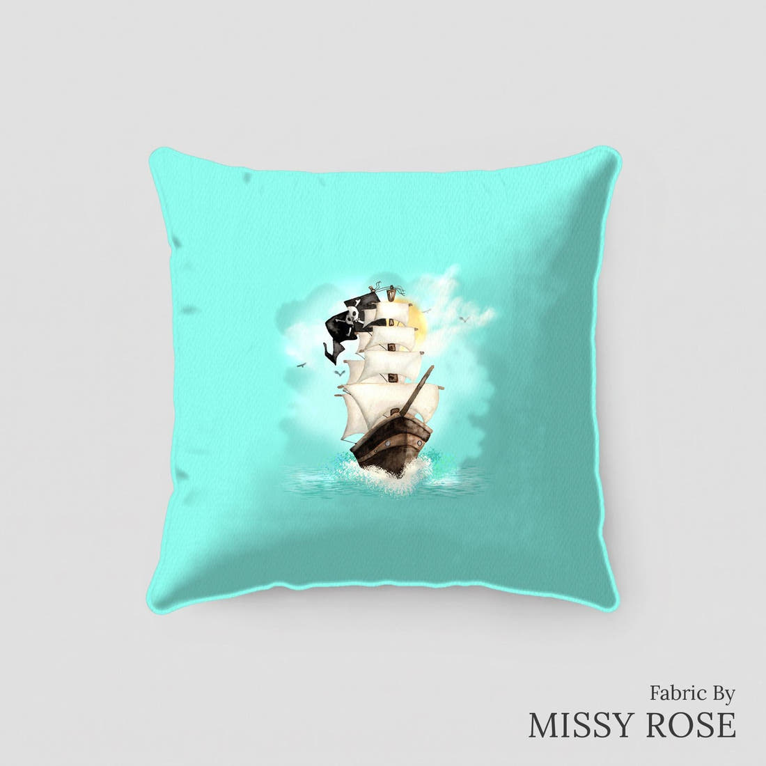 Design 5 Pirate Ship Panel sewn into a cushion – see how the panel looks made up | Fabric by Missy Rose