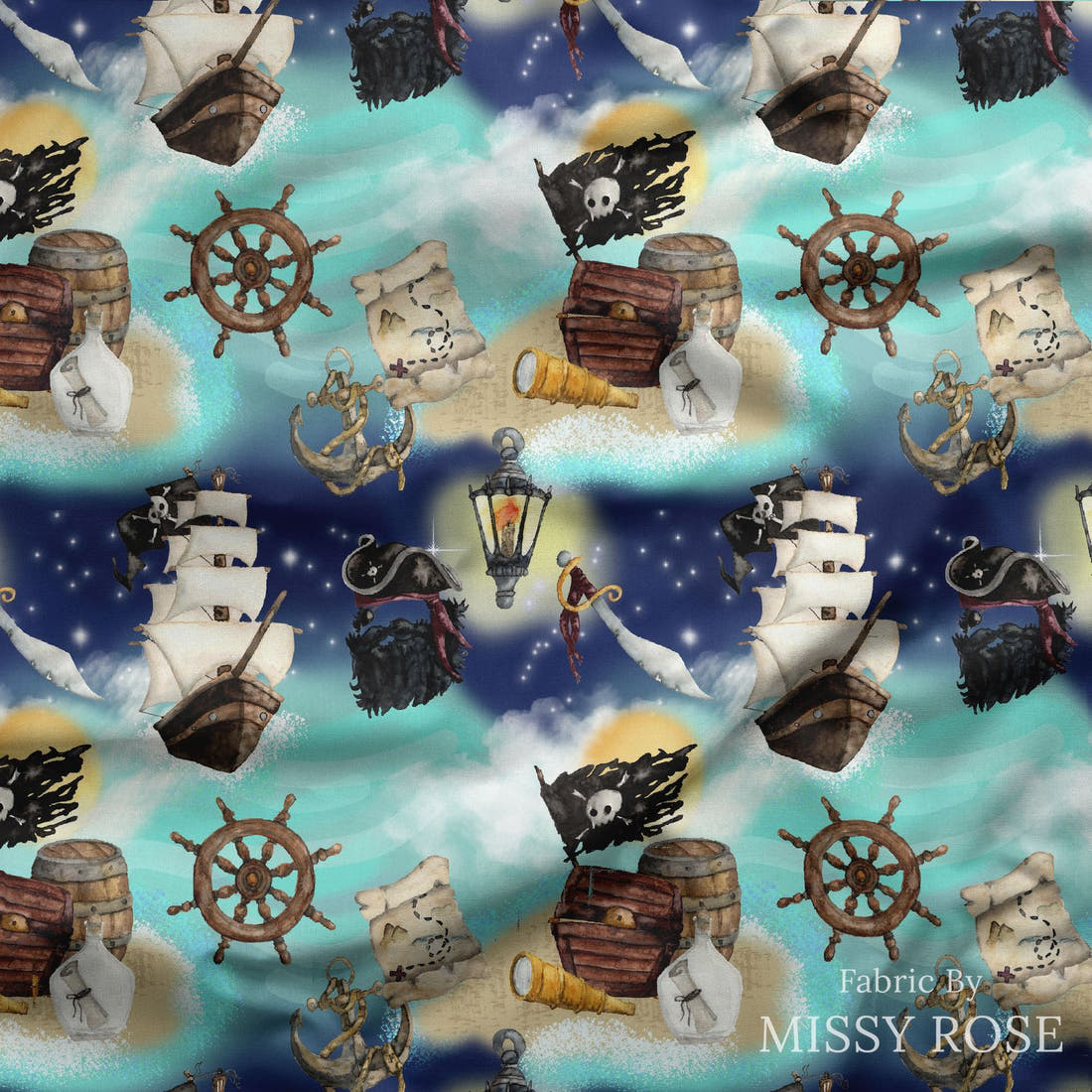 Design 5 Pirate Ship Fabric draped fabric mockup – custom printed fabric by the metre | Fabric by Missy Rose