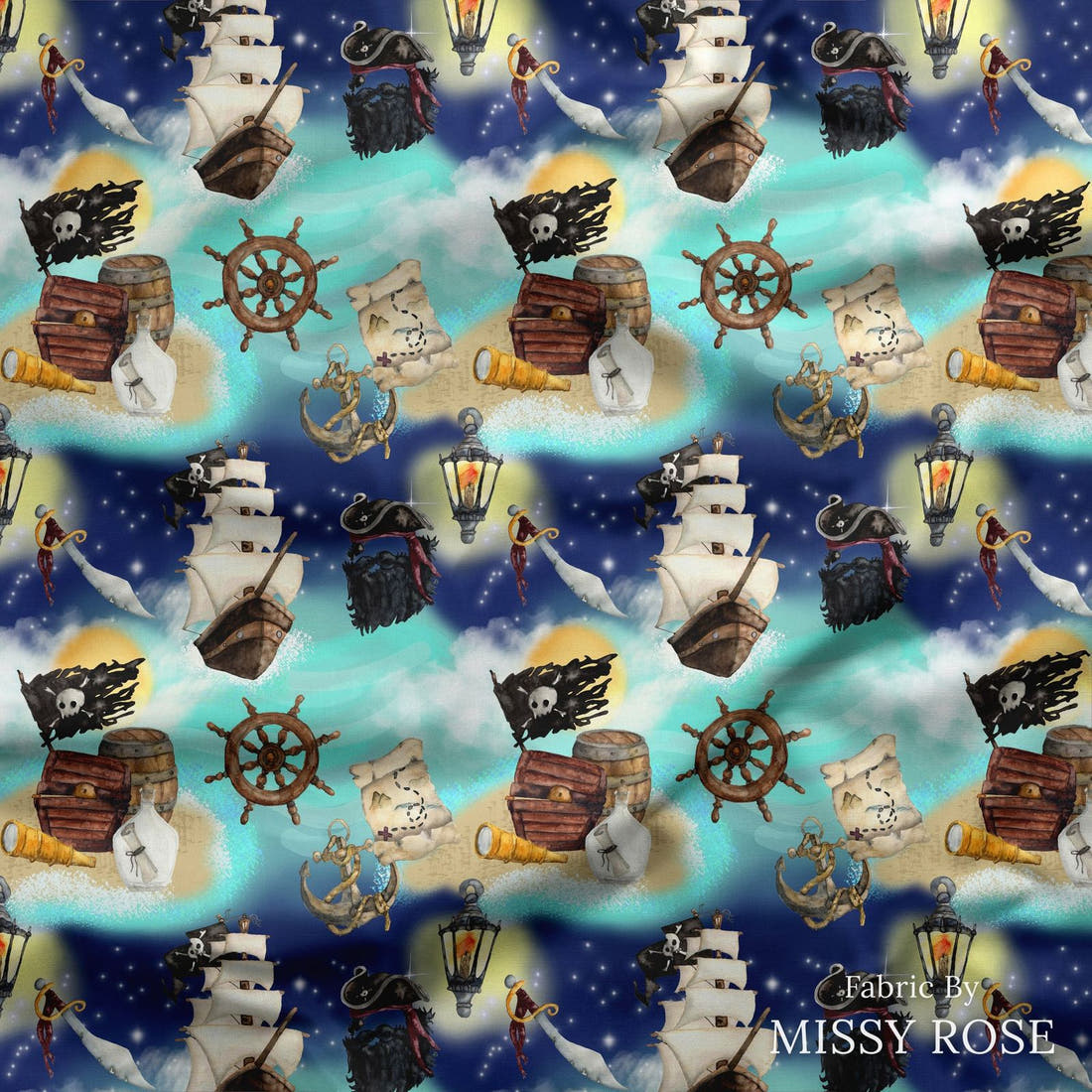 Design 5 Pirate Ship Fabric draped fabric mockup – custom printed fabric by the metre | Fabric by Missy Rose