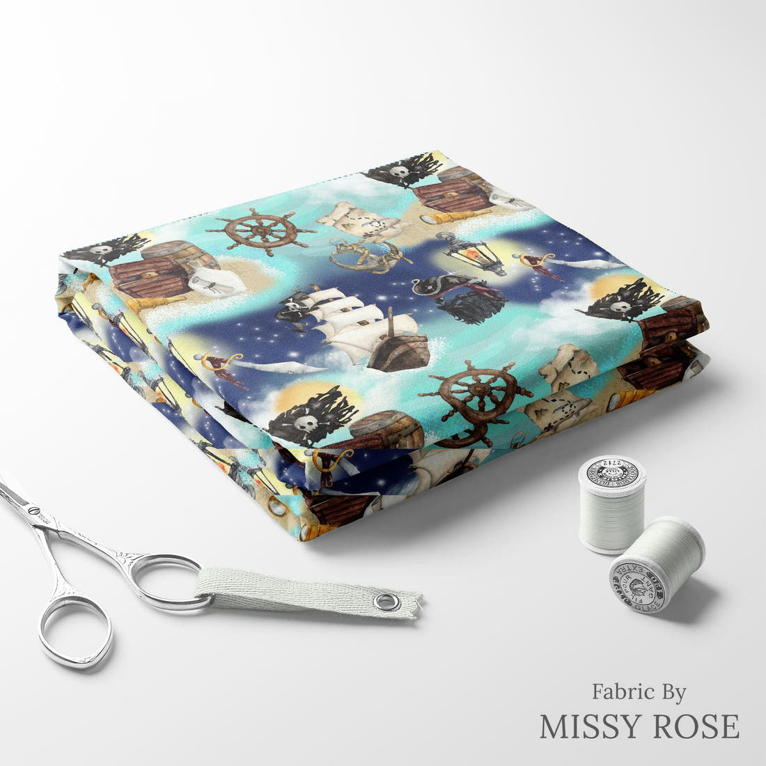 Design 5 Pirate Ship Fabric folded fabric stack with matching thread – pre-order fabric Australia | Fabric by Missy Rose