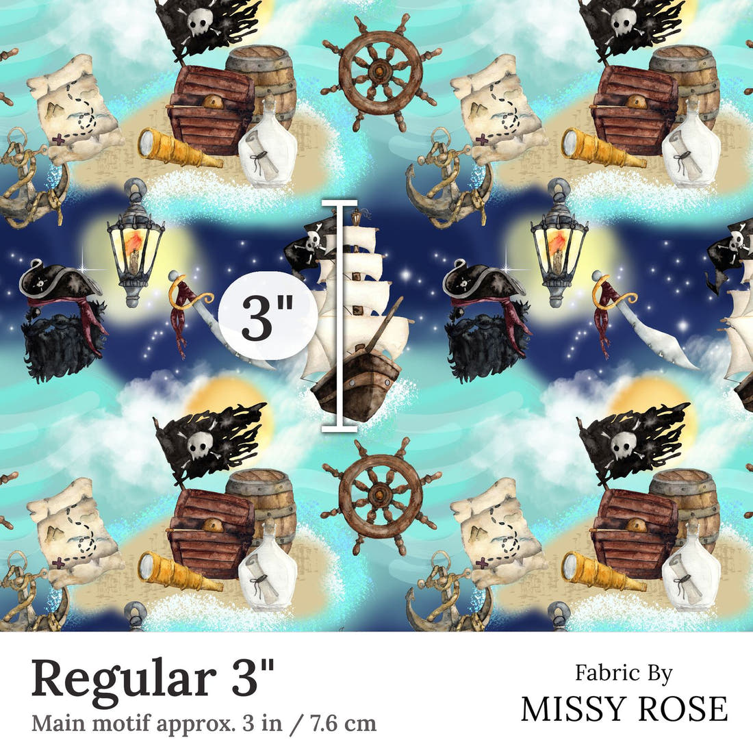 Design 5 Pirate Ship Fabric Regular 3 inch print scale guide | Fabric by Missy Rose