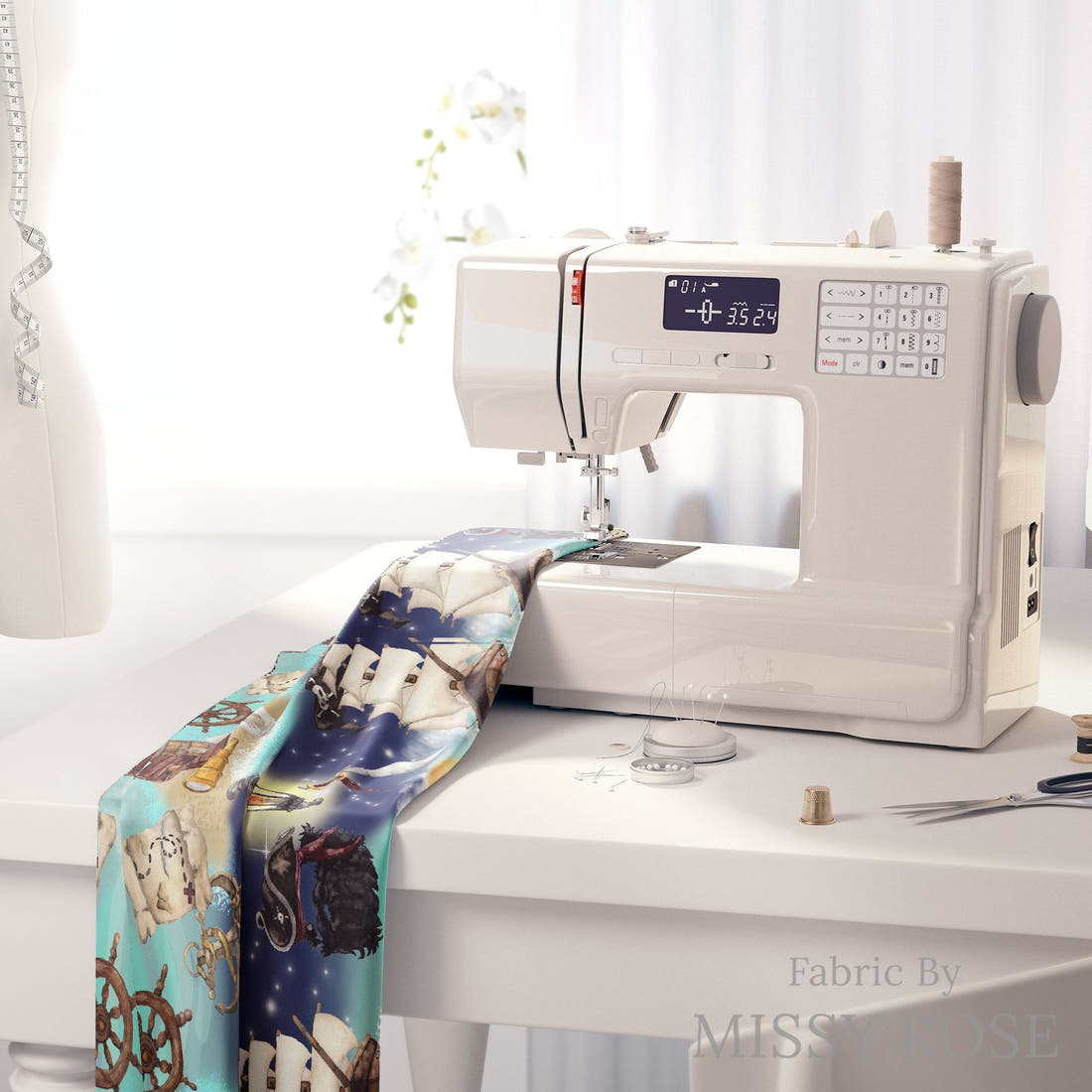 Design 5 Pirate Ship Fabric on a sewing machine – premium fabric for sewing projects | Fabric by Missy Rose