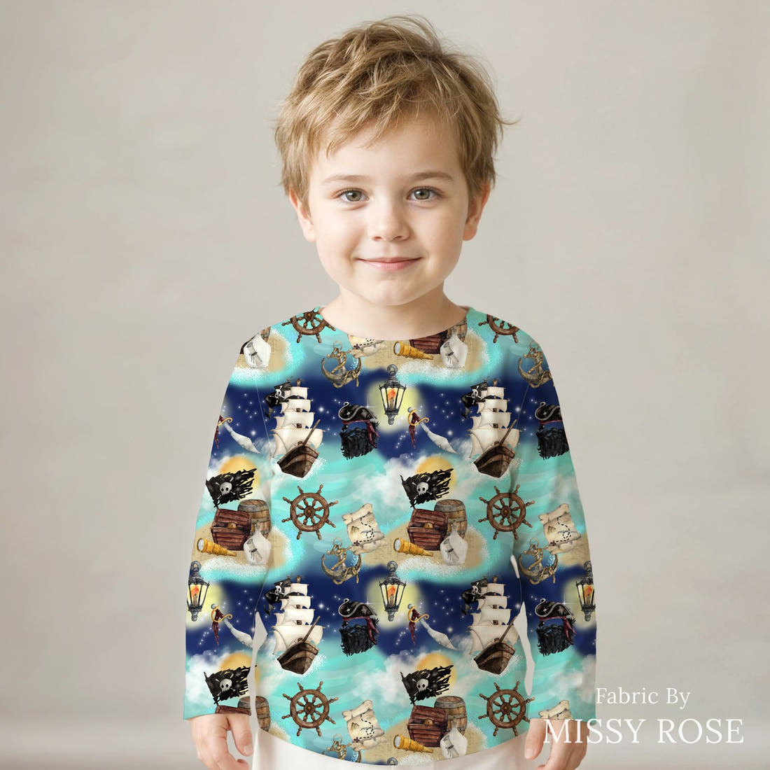Design 5 Pirate Ship Fabric sewn into a kids' long sleeve top – see how the print looks made up | Fabric by Missy Rose