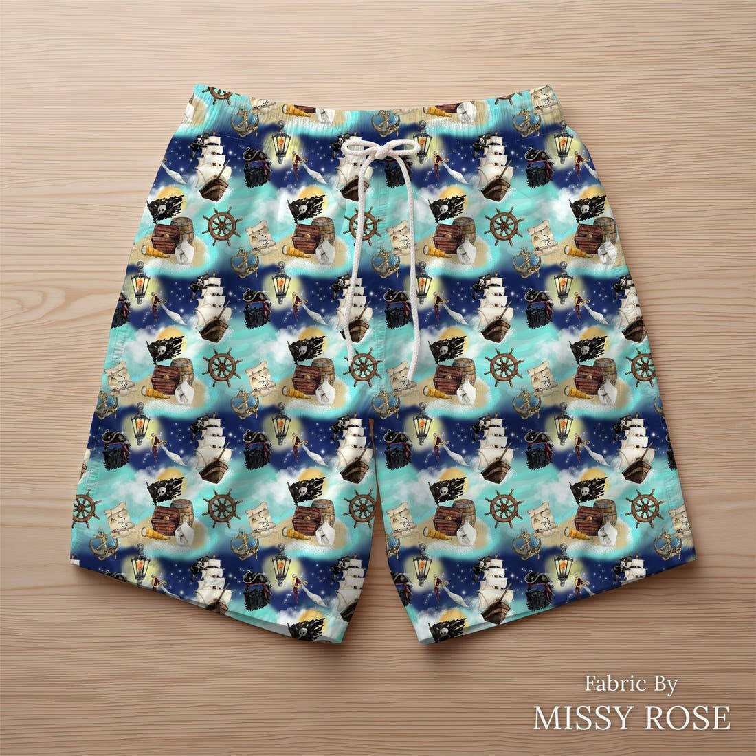 Design 5 Pirate Ship Fabric sewn into swim shorts – see how the print looks made up | Fabric by Missy Rose