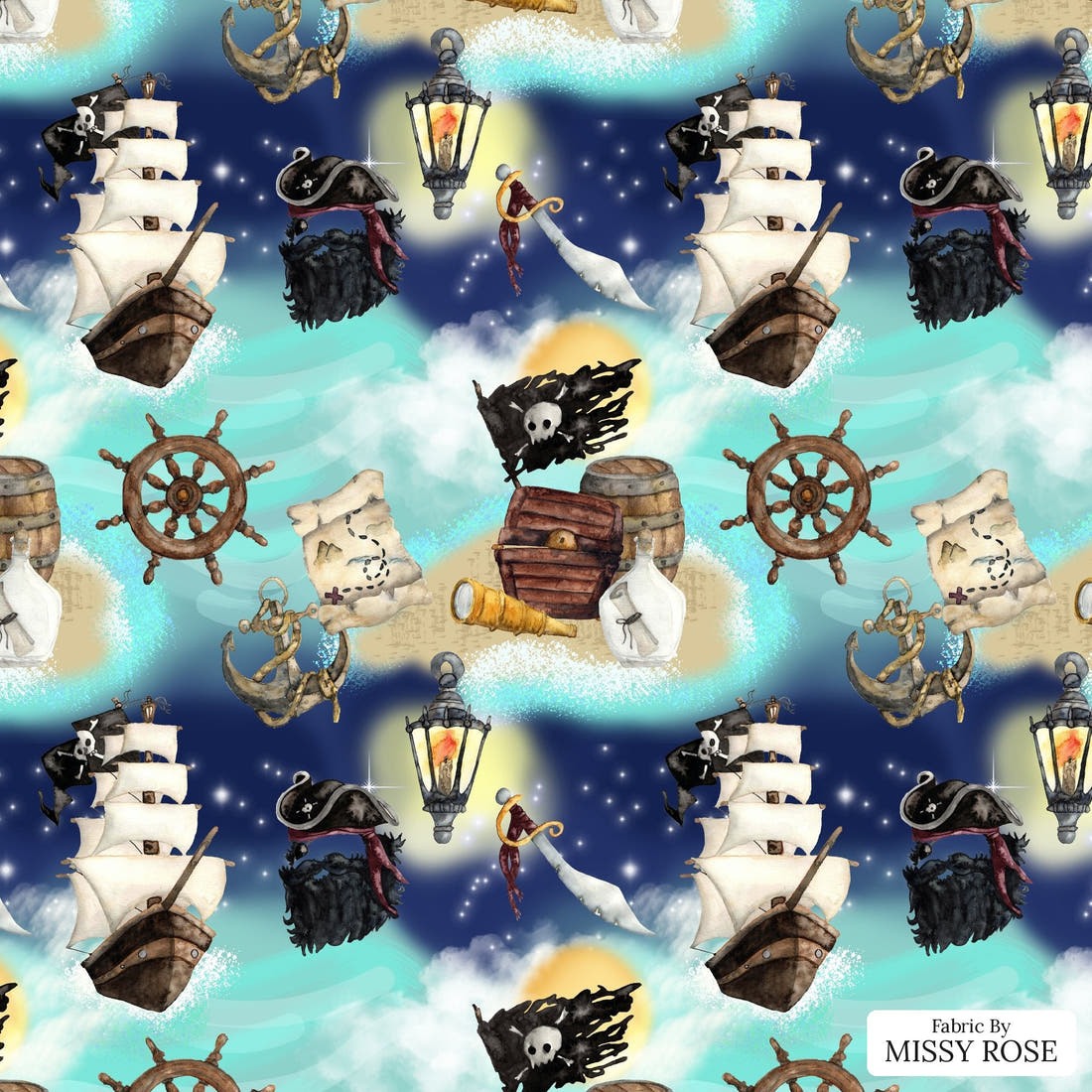 Design 5 Pirate Ship Fabric - flat view of the print, zoom in for detail | Fabric by Missy Rose