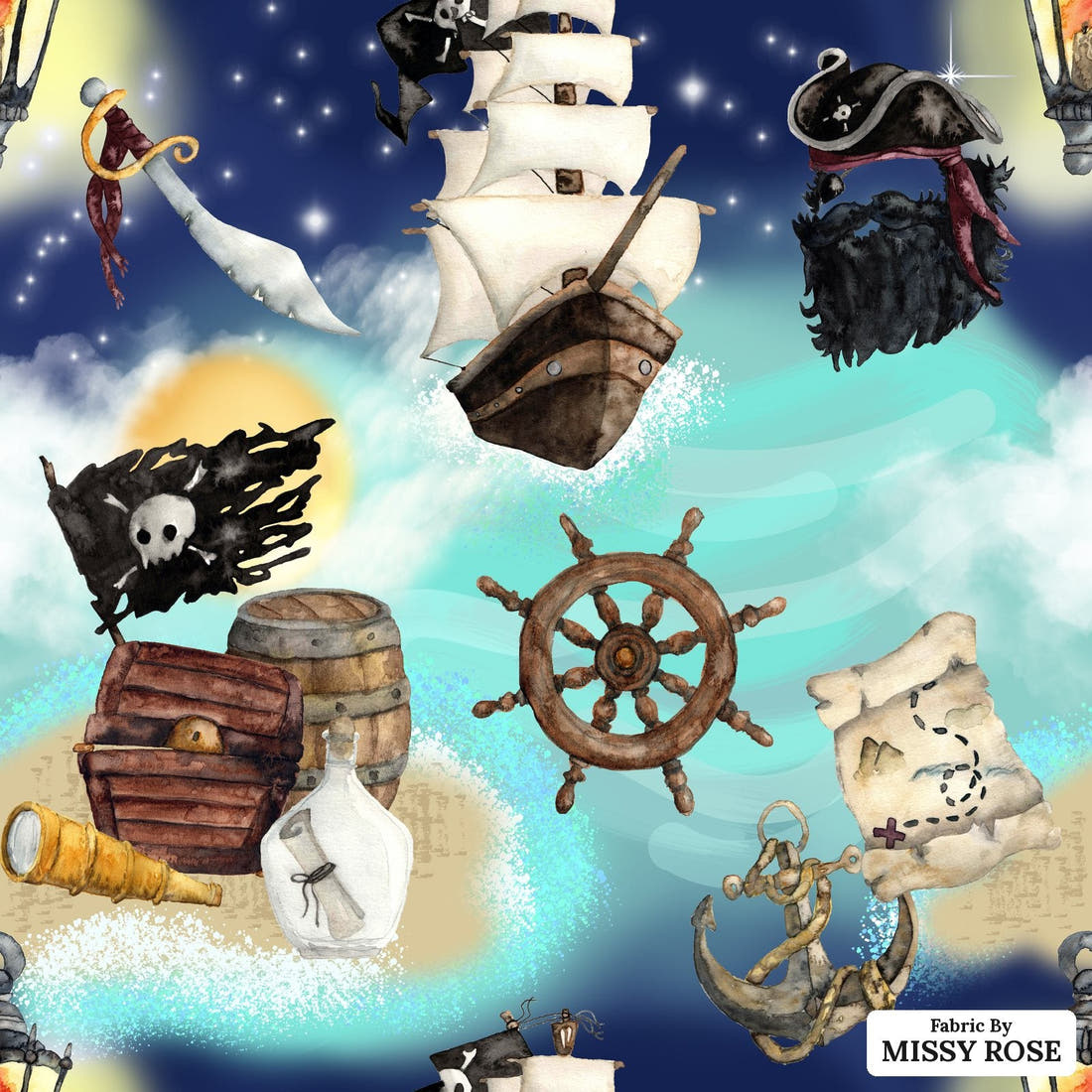 Design 5 Pirate Ship Fabric - flat view of the print, zoom in for detail | Fabric by Missy Rose