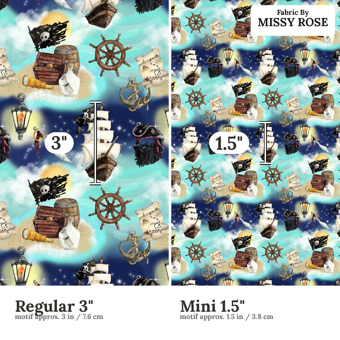 Design 5 Pirate Ship Fabric size comparison - print scale | Fabric by Missy Rose