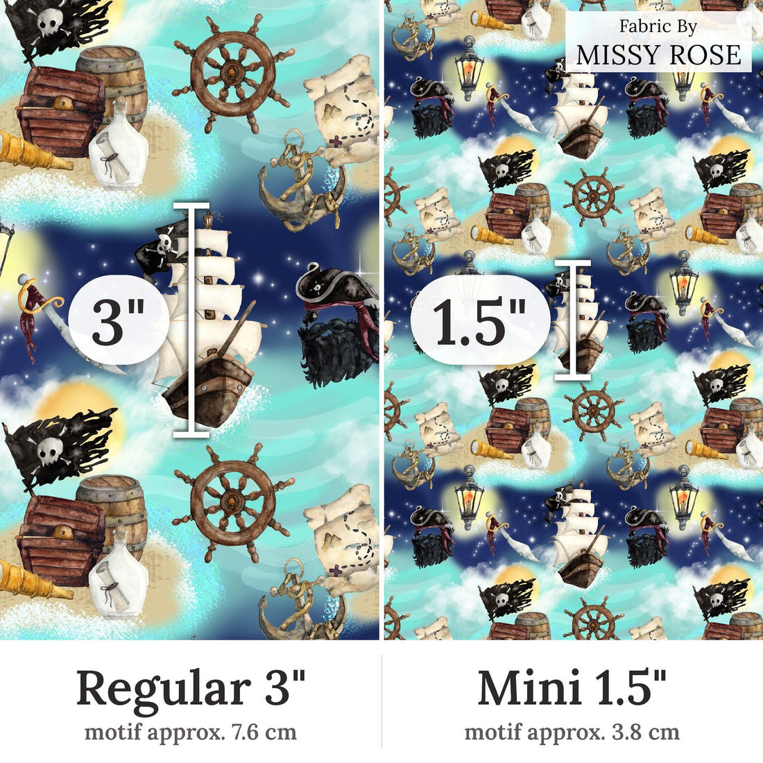 Design 5 Pirate Ship Fabric Regular 3 inch vs Mini 1.5 inch print scale side by side | Fabric by Missy Rose