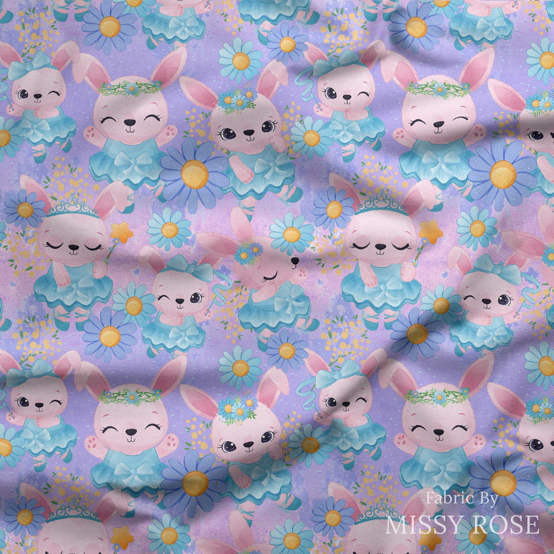 Design 50 Ballerina Bunny Fabric draped fabric mockup – custom printed fabric by the metre | Fabric by Missy Rose