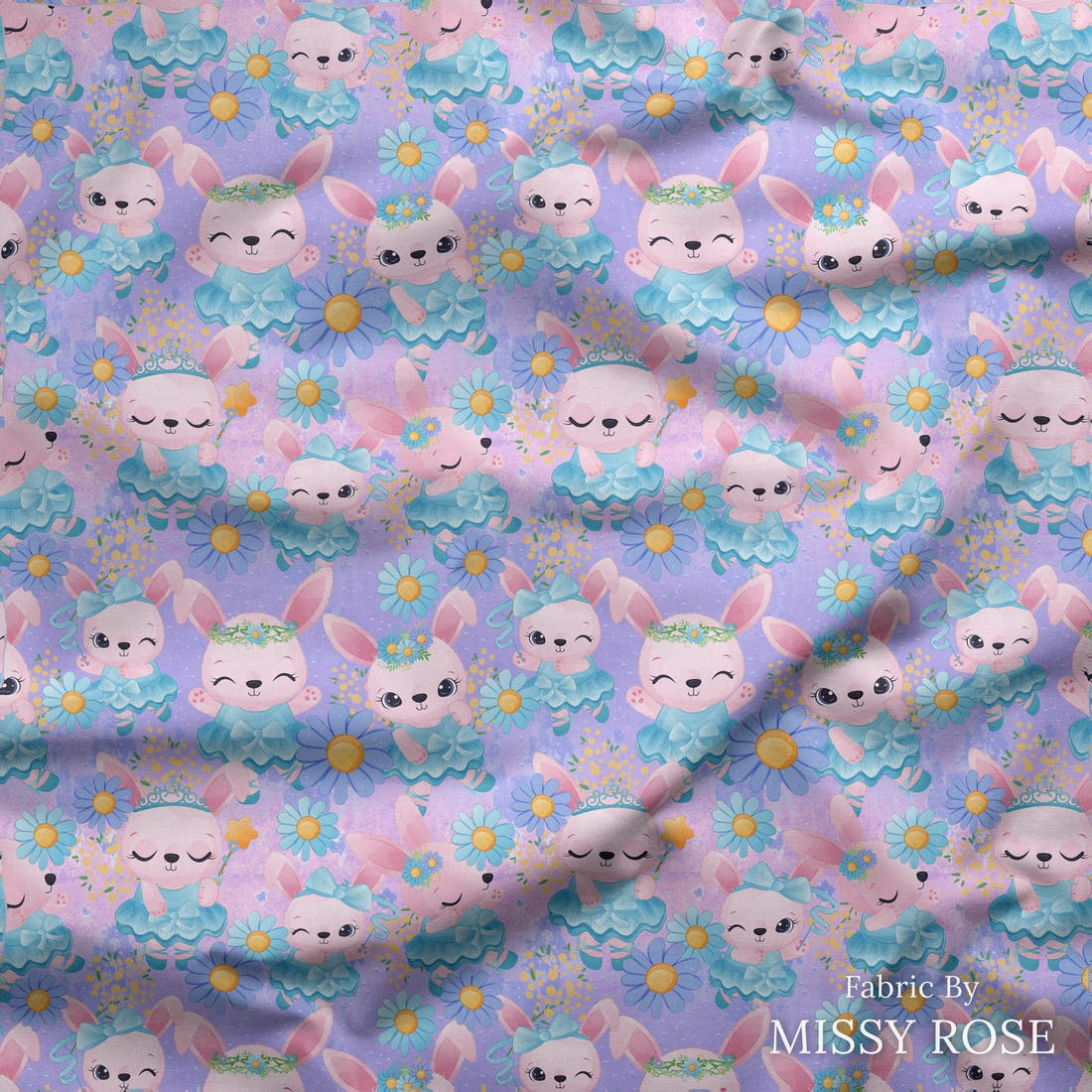 Design 50 Ballerina Bunny Fabric draped fabric mockup – custom printed fabric by the metre | Fabric by Missy Rose