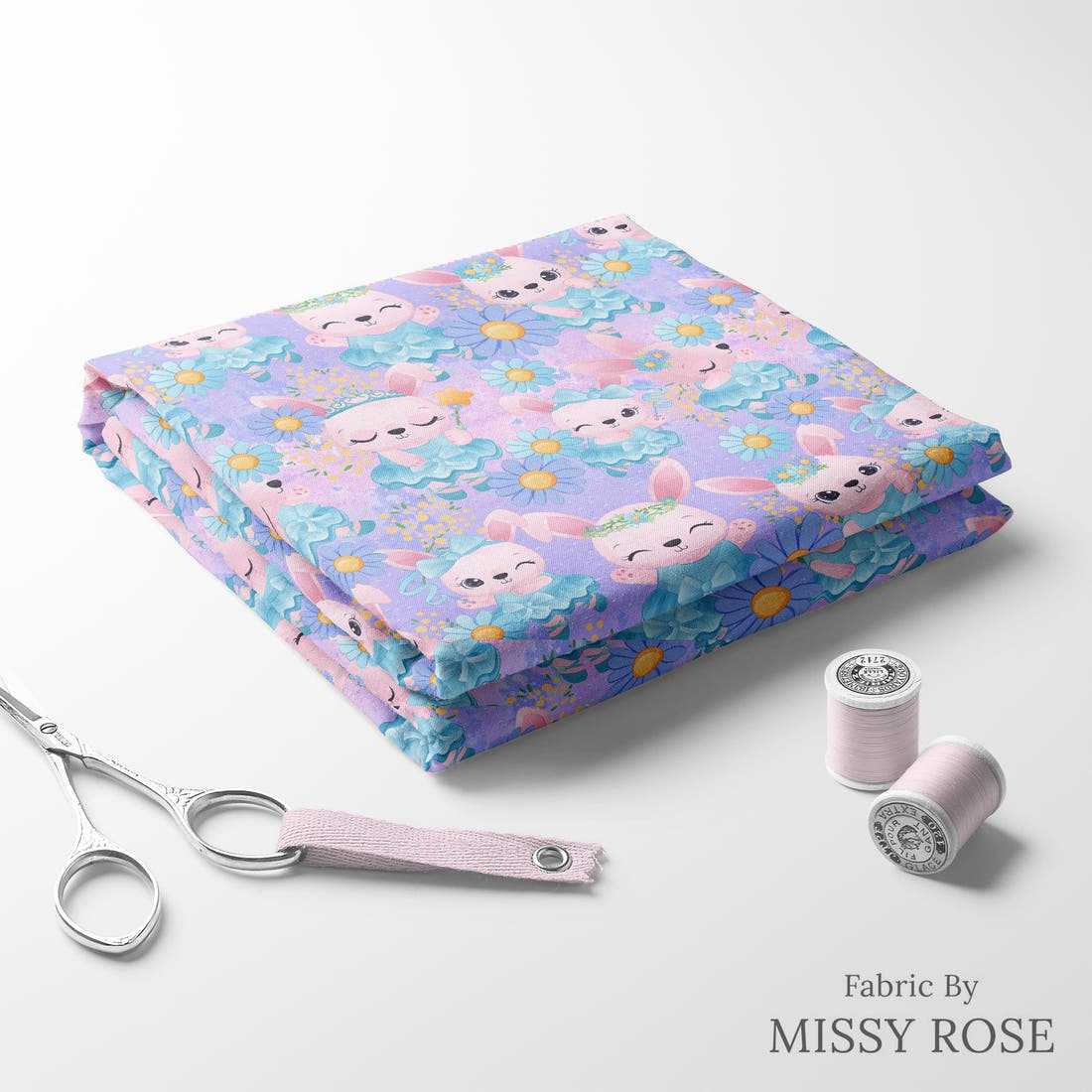 Design 50 Ballerina Bunny Fabric folded fabric stack with matching thread – pre-order fabric Australia | Fabric by Missy Rose