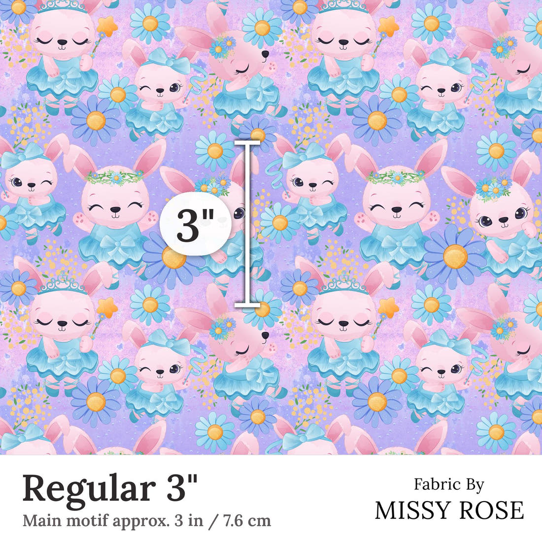 Design 50 Ballerina Bunny Fabric Regular 3 inch print scale guide | Fabric by Missy Rose