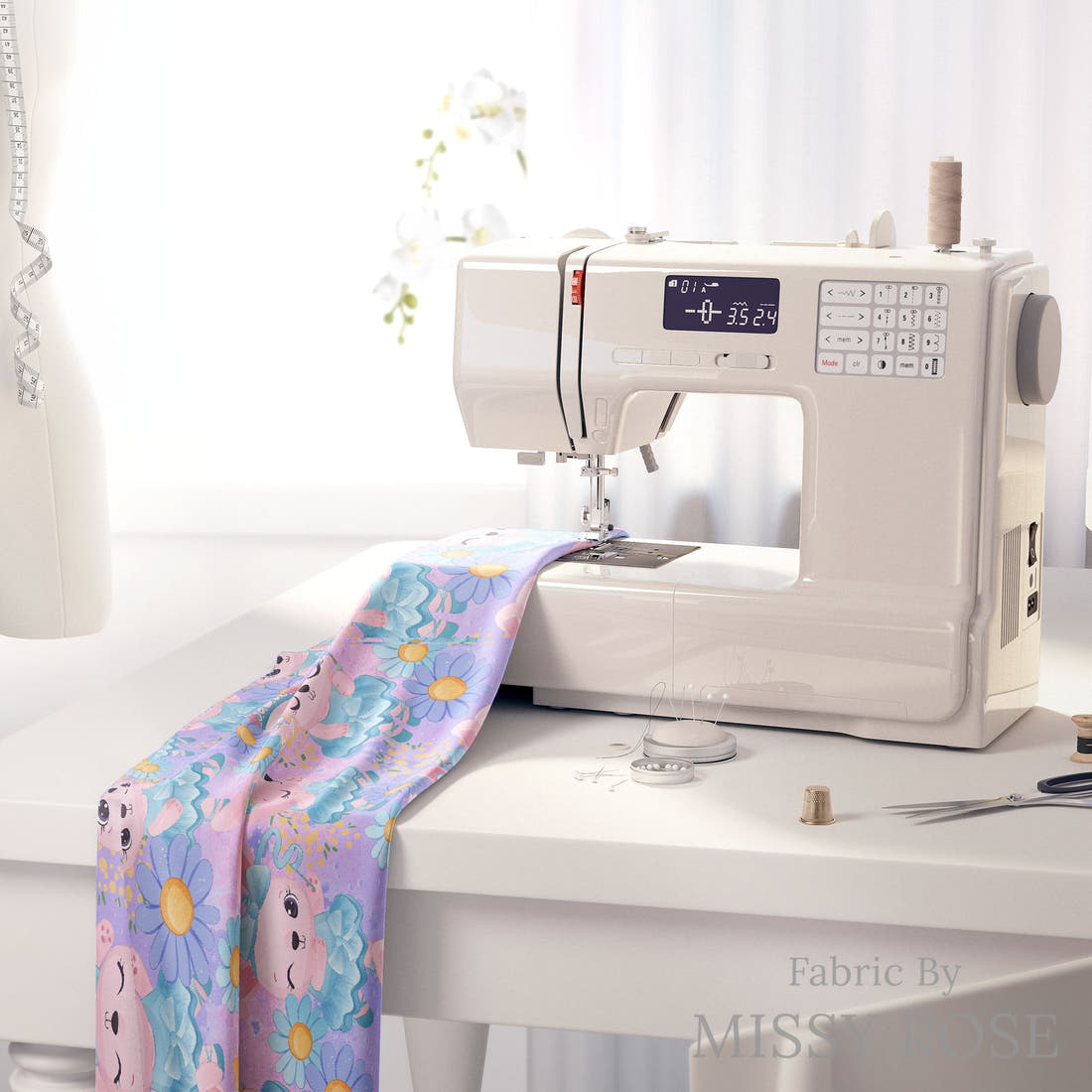 Design 50 Ballerina Bunny Fabric on a sewing machine – premium fabric for sewing projects | Fabric by Missy Rose