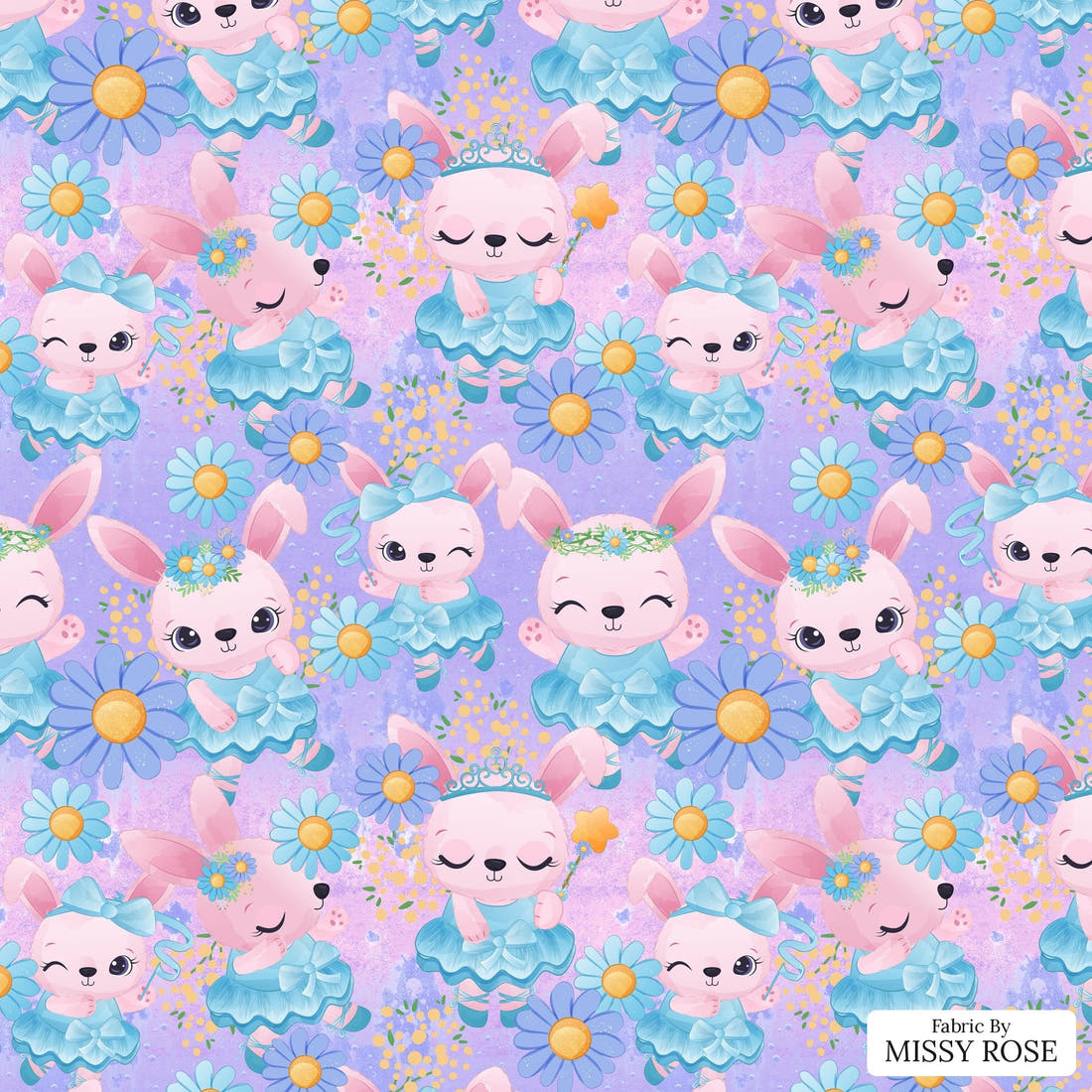 Design 50 Ballerina Bunny Fabric - flat view of the print, zoom in for detail | Fabric by Missy Rose