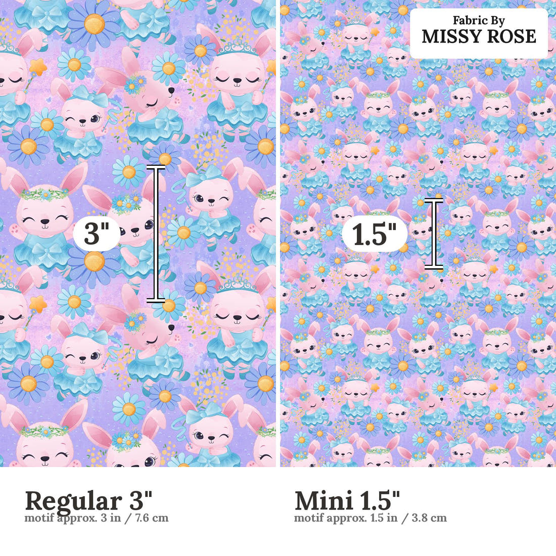 Design 50 Ballerina Bunny Fabric size comparison - print scale | Fabric by Missy Rose