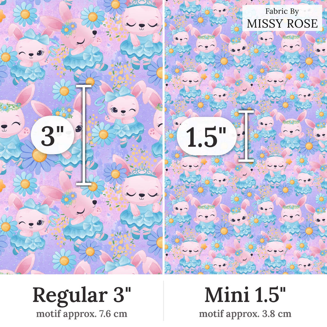 Design 50 Ballerina Bunny Fabric Regular 3 inch vs Mini 1.5 inch print scale side by side | Fabric by Missy Rose