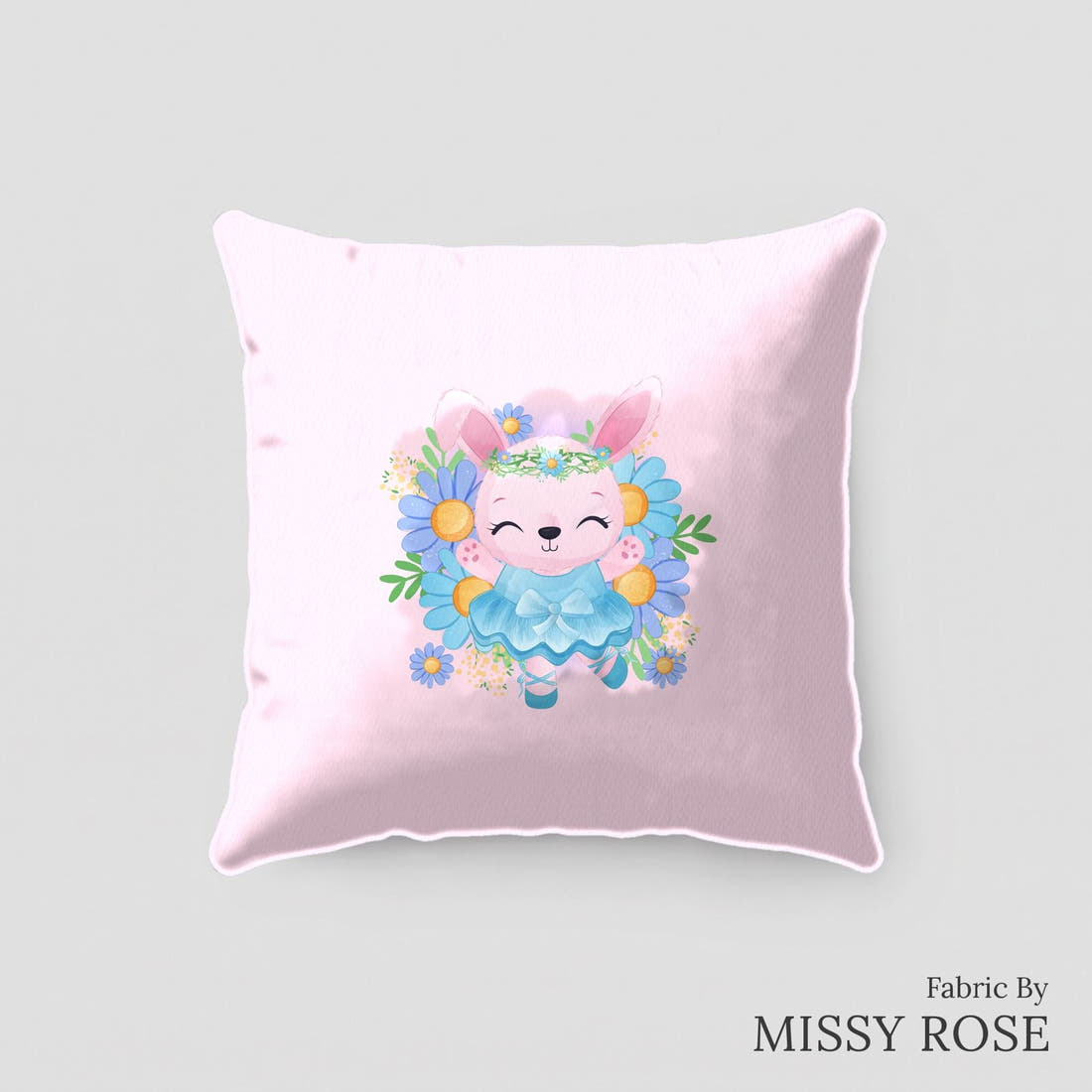 Design 50 Ballerina Bunny Panel sewn into a cushion – see how the panel looks made up | Fabric by Missy Rose