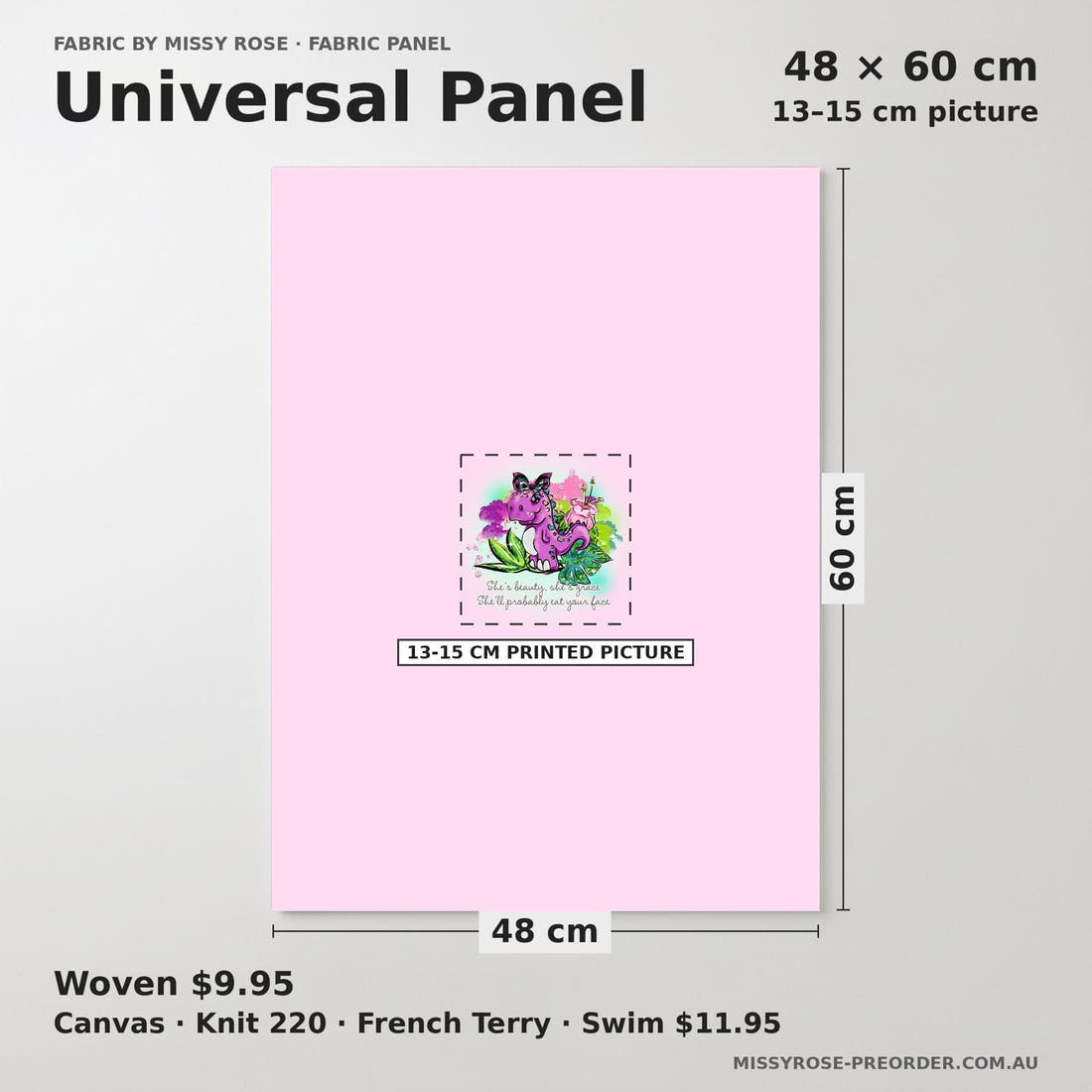 Design 500 Pink Dinosaur Panel universal panel sizing – 13–15 cm printed picture on 48 × 60 cm fabric | Fabric by Missy Rose