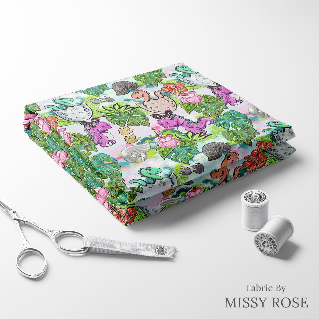 Design 500 Pink Dinosaur Fabric folded fabric stack with matching thread – pre-order fabric Australia | Fabric by Missy Rose