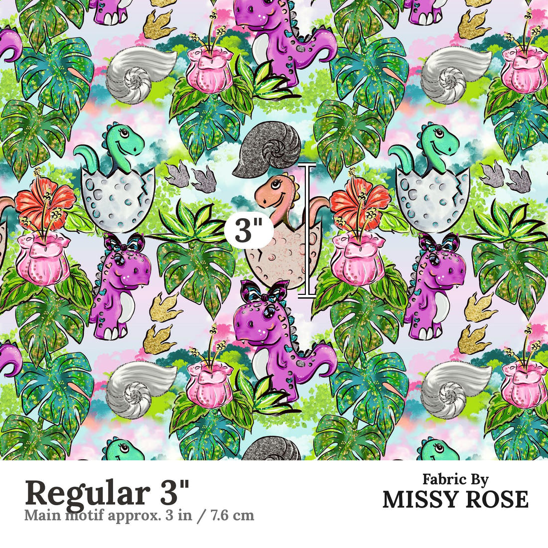 Design 500 Pink Dinosaur Fabric Regular 3" - print scale | Fabric by Missy Rose