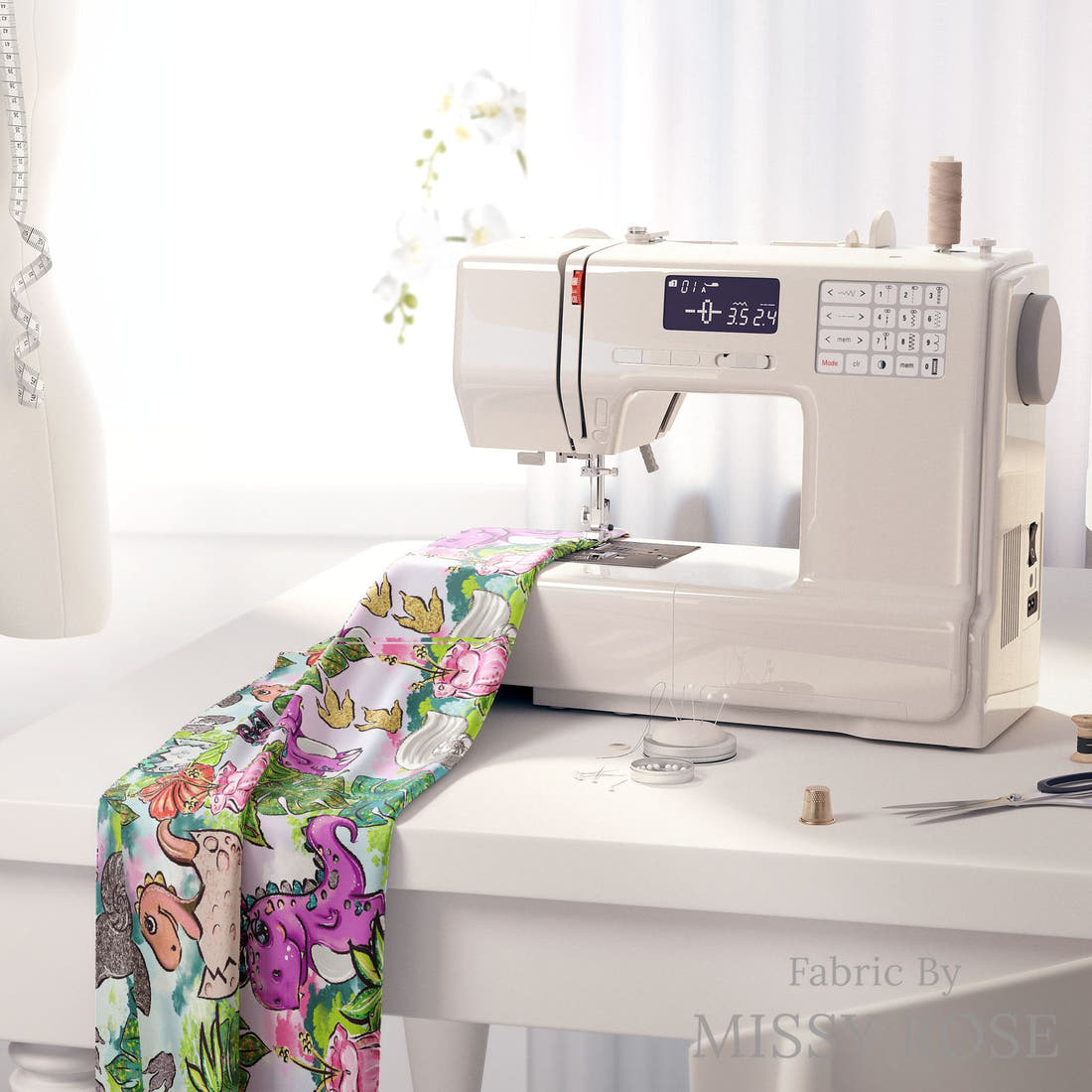 Design 500 Pink Dinosaur Fabric on a sewing machine – premium fabric for sewing projects | Fabric by Missy Rose