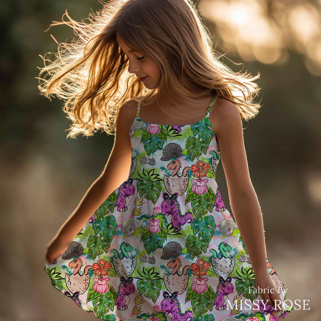 Design 500 Pink Dinosaur Fabric sewn into a girls' dress – see how the print looks made up | Fabric by Missy Rose
