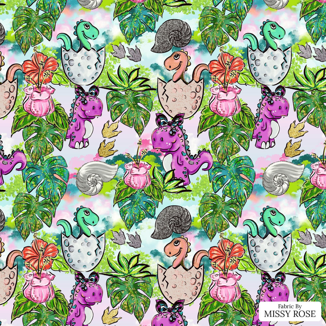 Design 500 Pink Dinosaur Fabric - flat view of the print, zoom in for detail | Fabric by Missy Rose