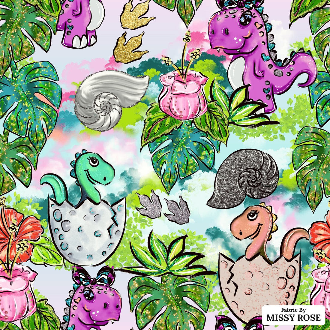 Design 500 Pink Dinosaur Fabric - flat view of the print, zoom in for detail | Fabric by Missy Rose