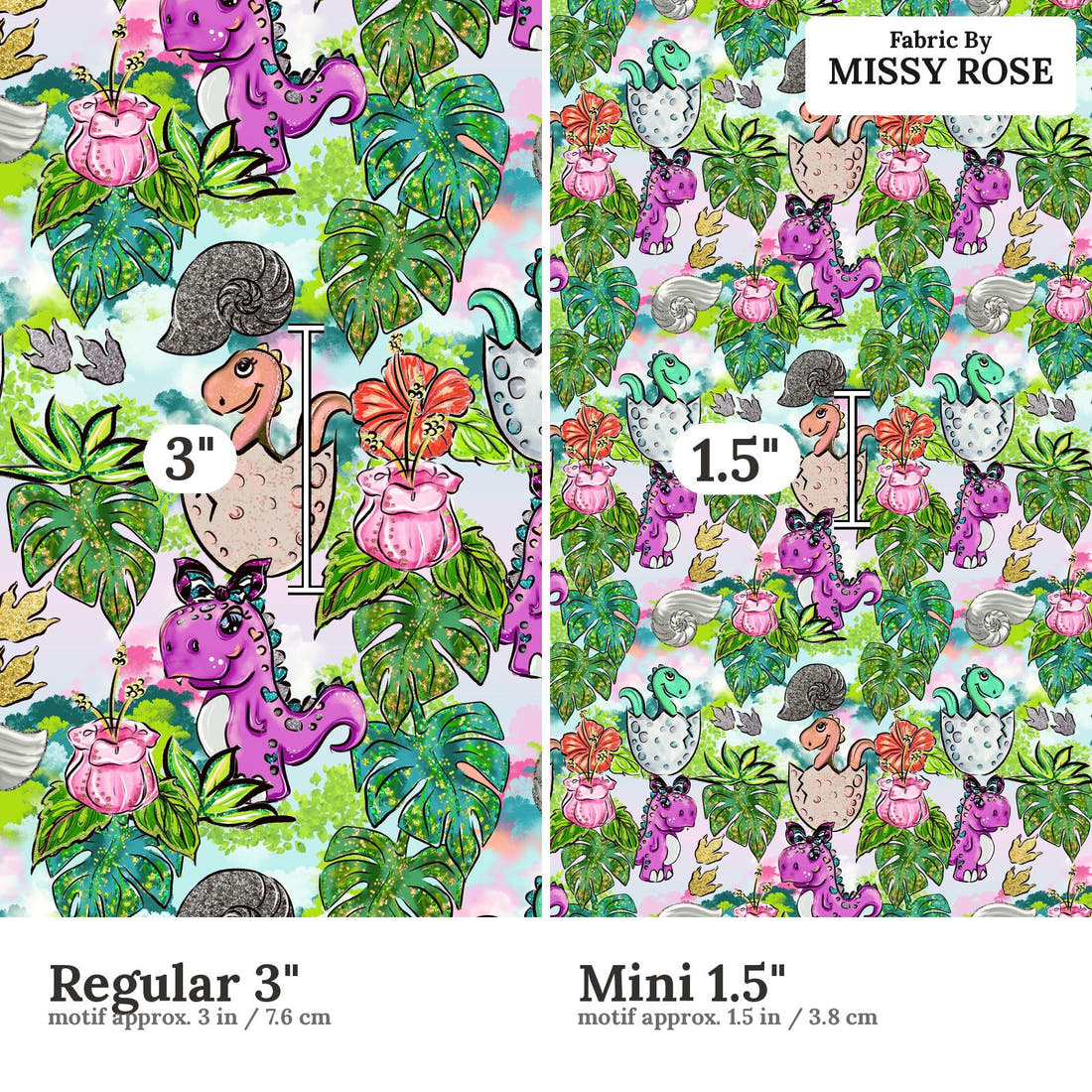 Design 500 Pink Dinosaur Fabric size comparison - print scale | Fabric by Missy Rose