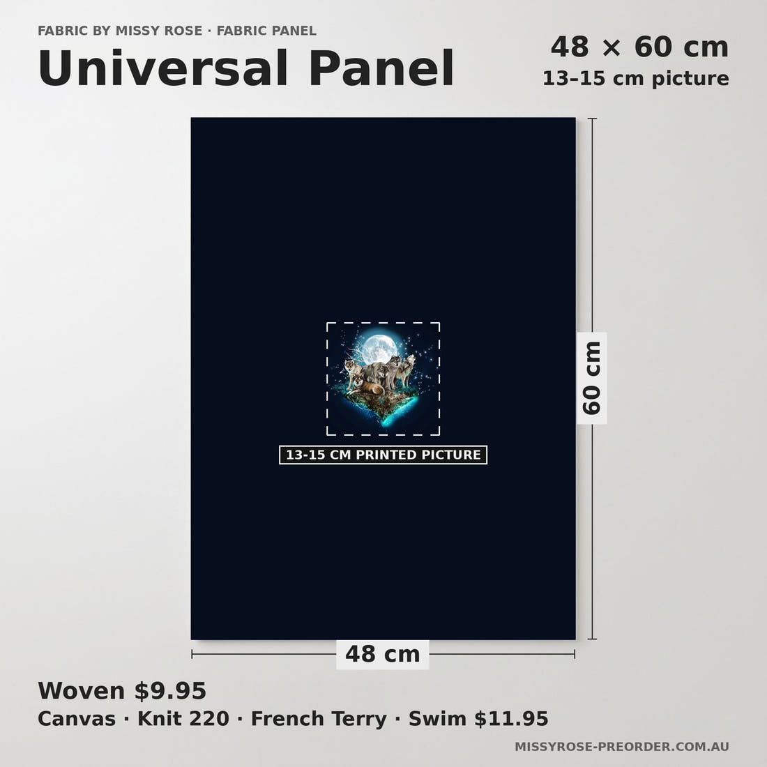 Design 501 Wolf Panel universal panel sizing – 13–15 cm printed picture on 48 × 60 cm fabric | Fabric by Missy Rose