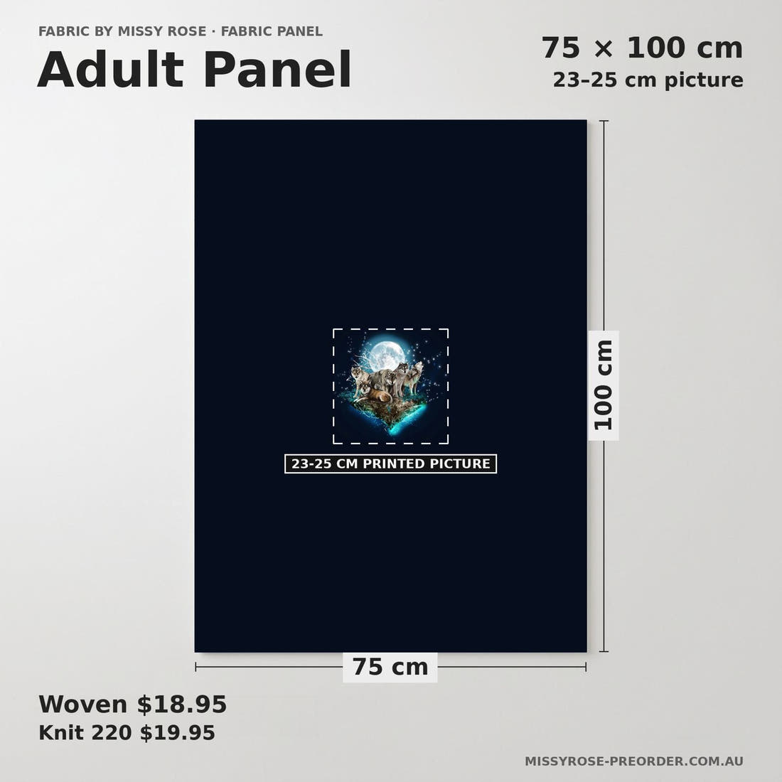 Design 501 Wolf Panel adult panel sizing – 23–25 cm printed picture on 75 × 100 cm fabric | Fabric by Missy Rose