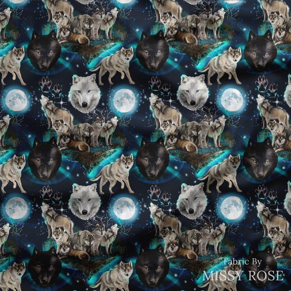 Design 501 Wolf Fabric draped fabric mockup – custom printed fabric by the metre | Fabric by Missy Rose