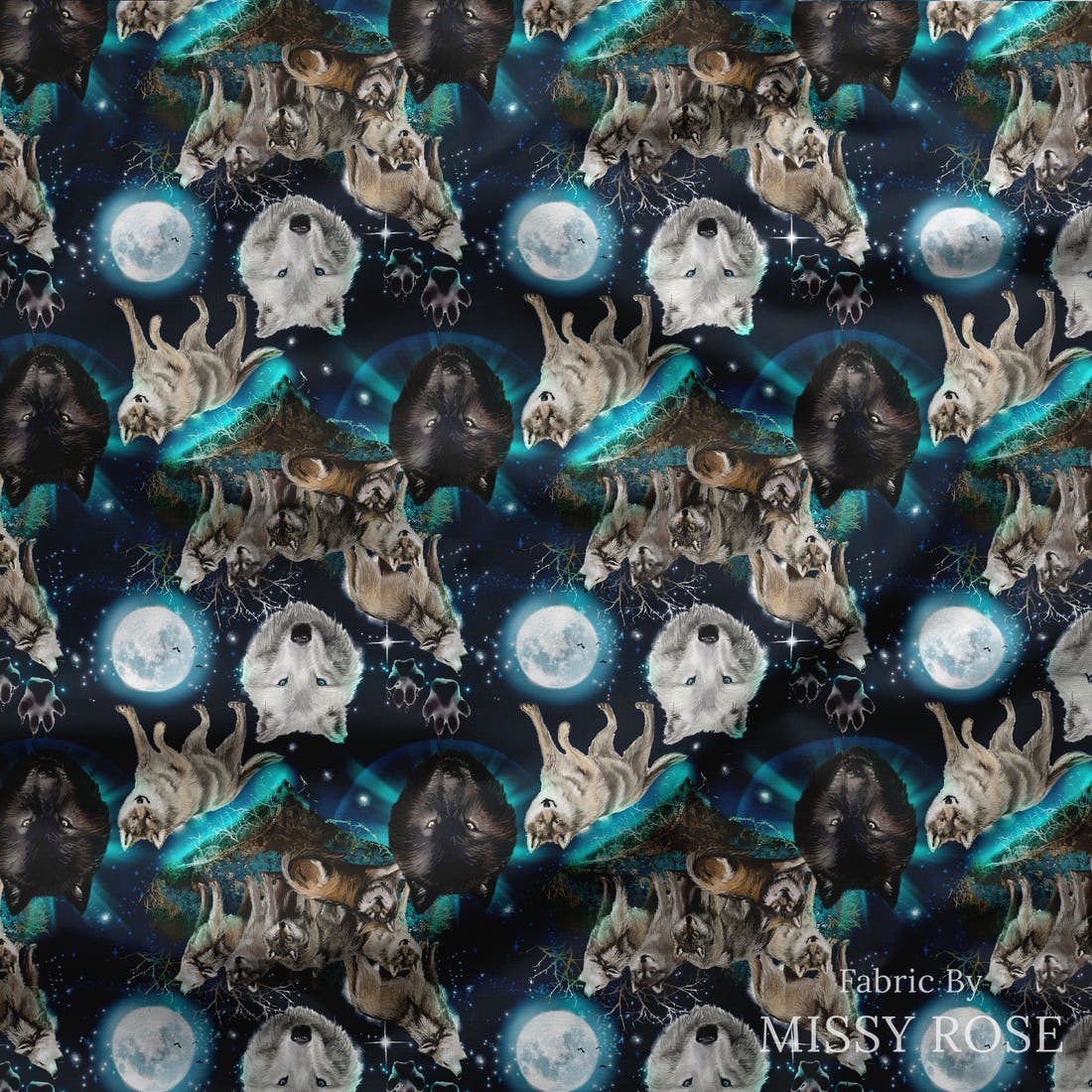 Design 501 Wolf Fabric draped fabric mockup – custom printed fabric by the metre | Fabric by Missy Rose