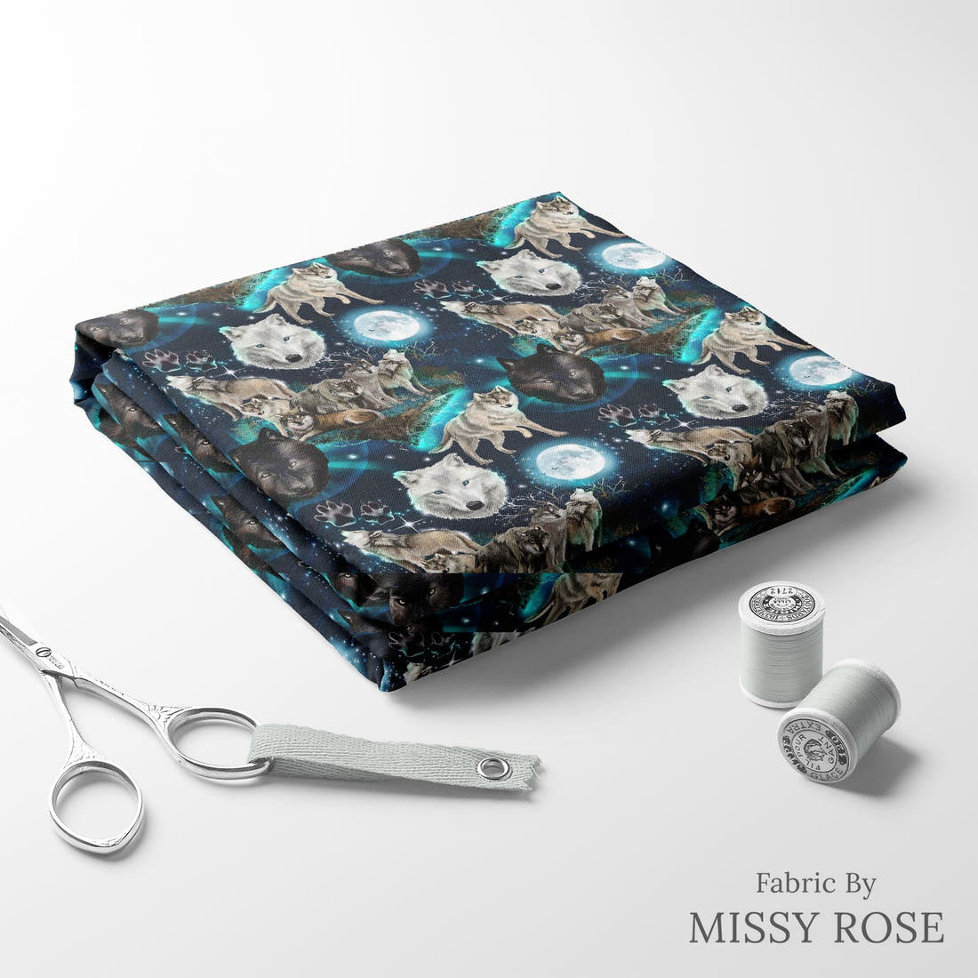 Design 501 Wolf Fabric folded fabric stack with matching thread – pre-order fabric Australia | Fabric by Missy Rose