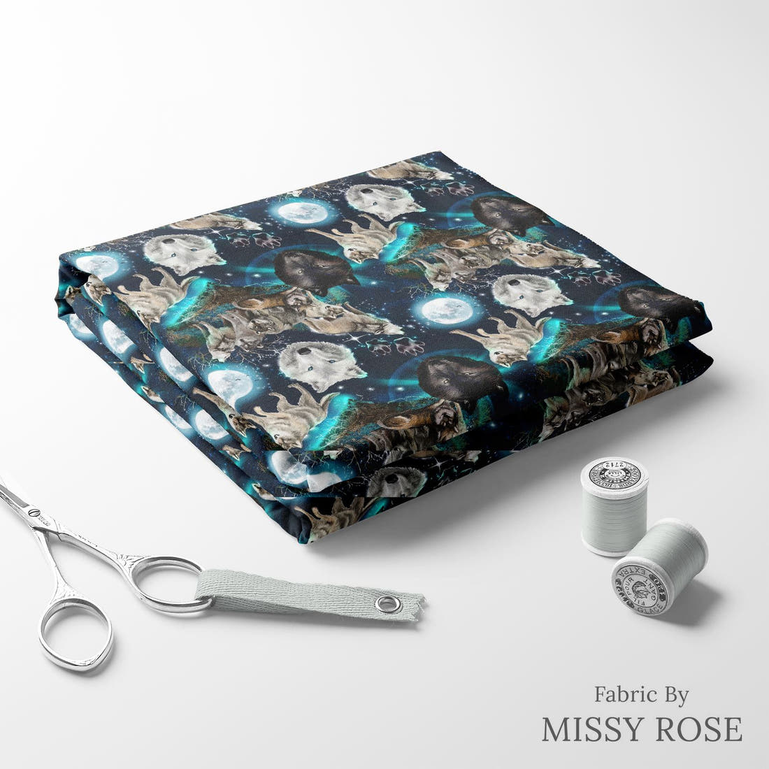 Design 501 Wolf Fabric folded fabric stack with matching thread – pre-order fabric Australia | Fabric by Missy Rose