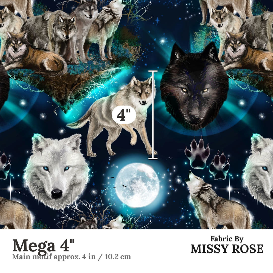 Design 501 Wolf Fabric Mega 4" - print scale | Fabric by Missy Rose
