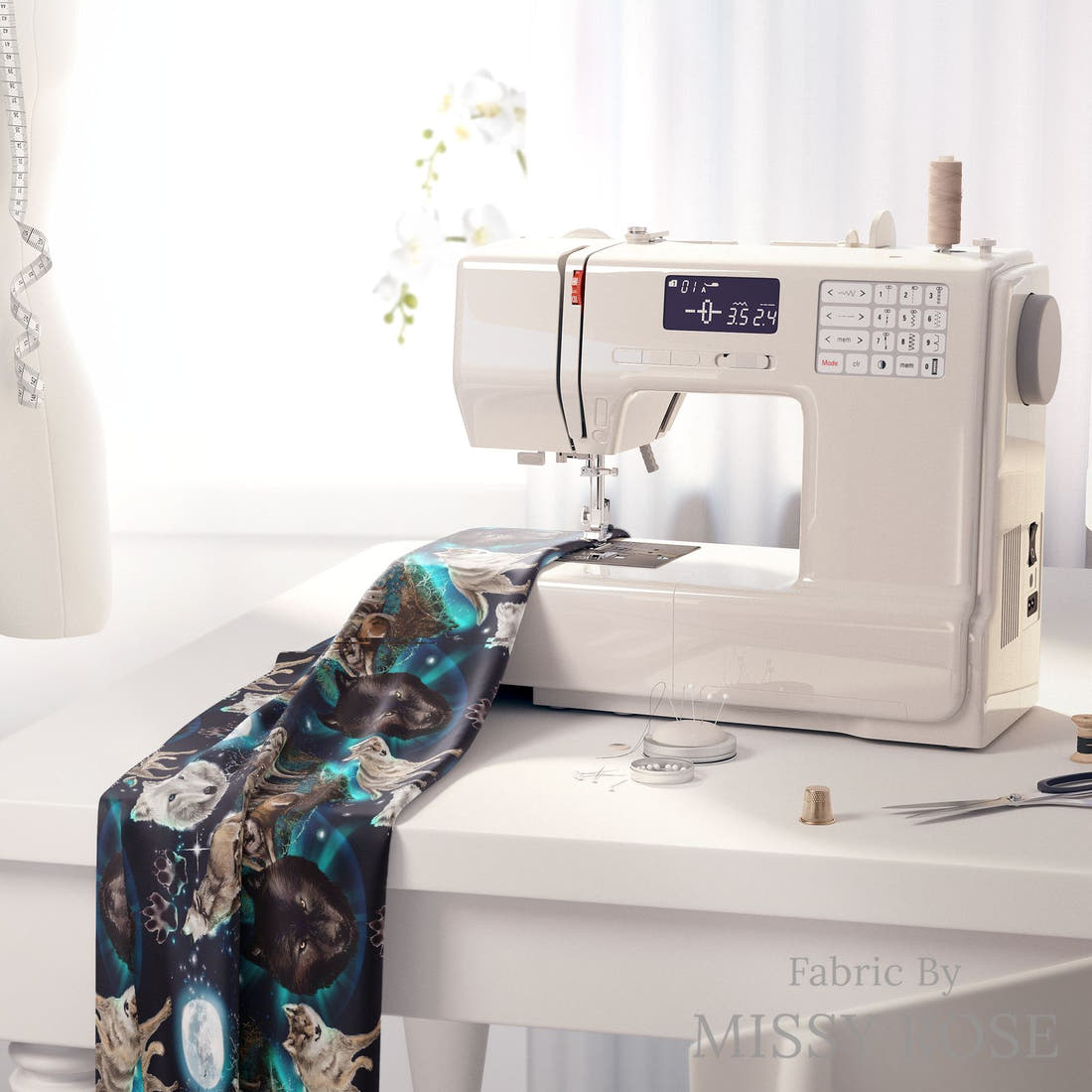 Design 501 Wolf Fabric on a sewing machine – premium fabric for sewing projects | Fabric by Missy Rose
