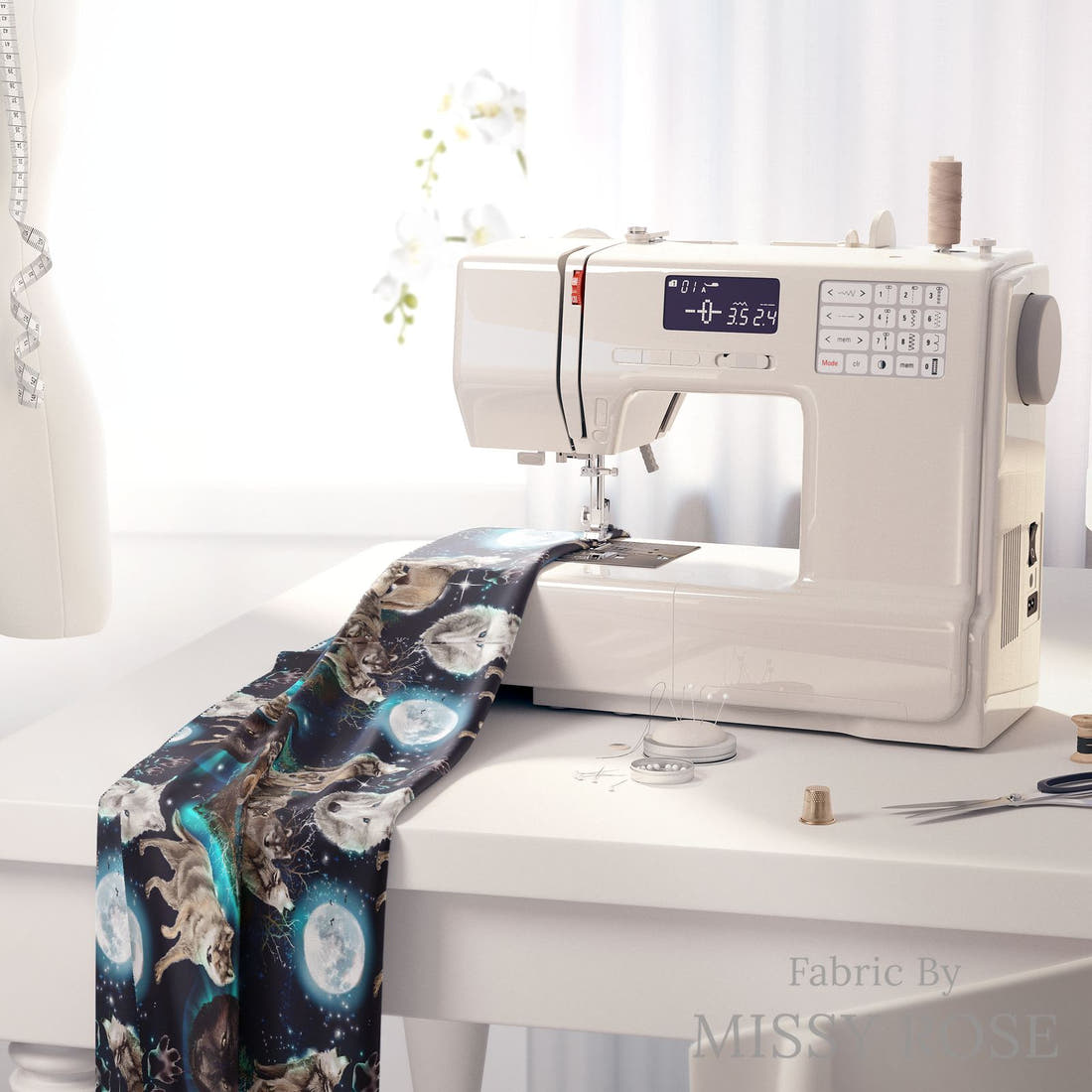 Design 501 Wolf Fabric on a sewing machine – premium fabric for sewing projects | Fabric by Missy Rose