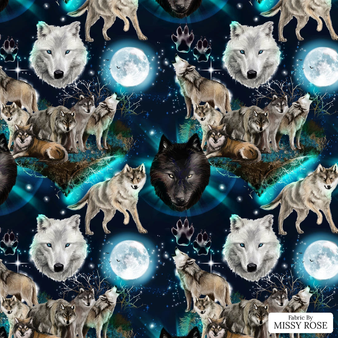 Design 501 Wolf Fabric - flat view of the print, zoom in for detail | Fabric by Missy Rose