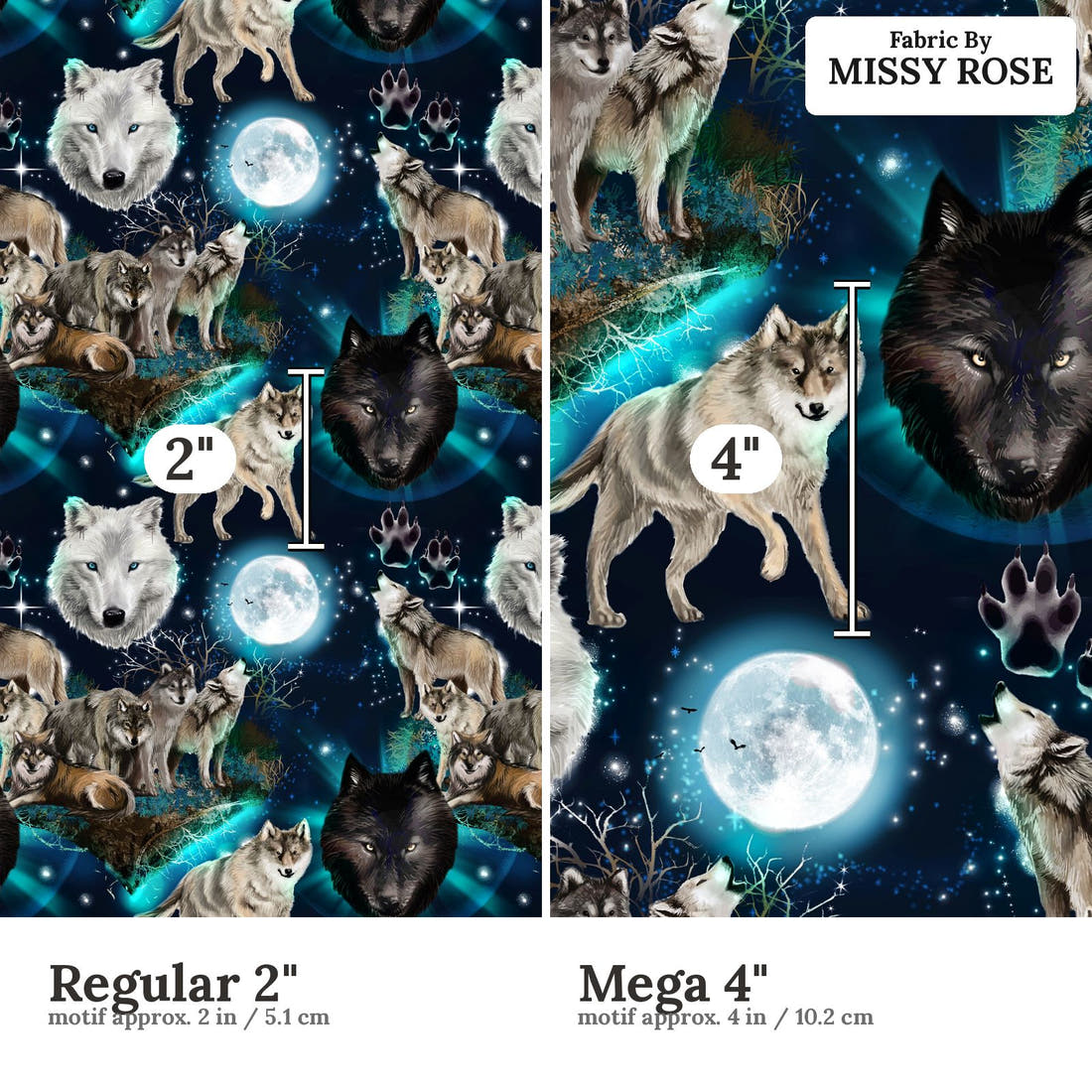 Design 501 Wolf Fabric size comparison - print scale | Fabric by Missy Rose