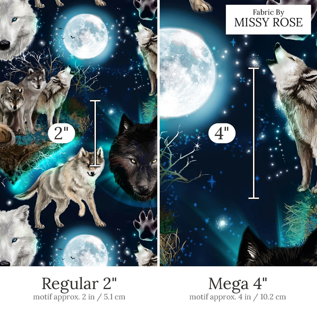 Design 501 Wolf Fabric Regular 2 inch vs Mega 4 inch print scale side by side | Fabric by Missy Rose