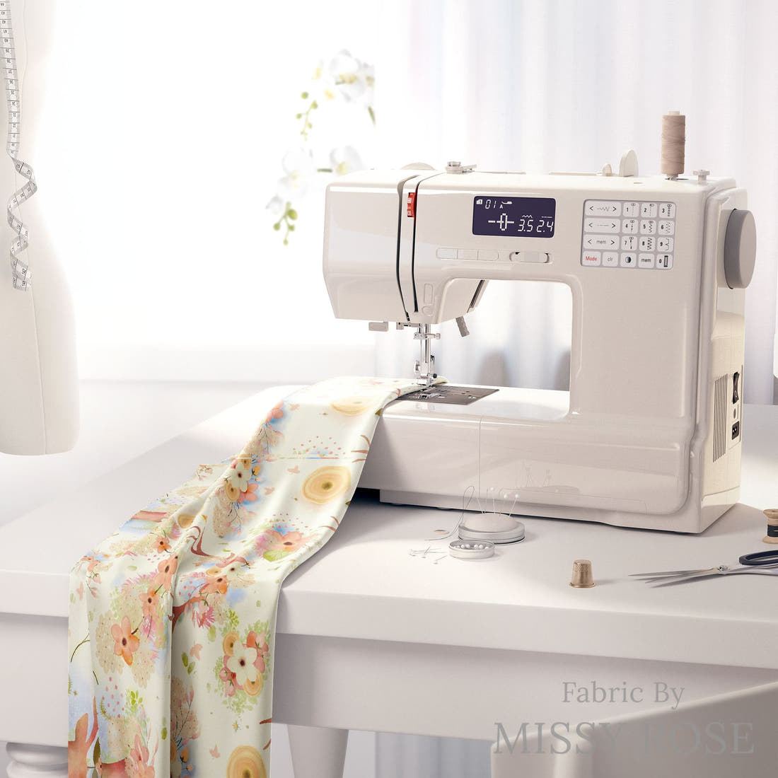 Design 502 Neutral Woodlands Fabric on a sewing machine – premium fabric for sewing projects | Fabric by Missy Rose