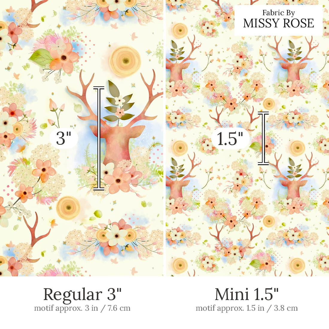 Design 502 Neutral Woodlands Fabric Regular 3 inch vs Mini 1.5 inch print scale side by side | Fabric by Missy Rose