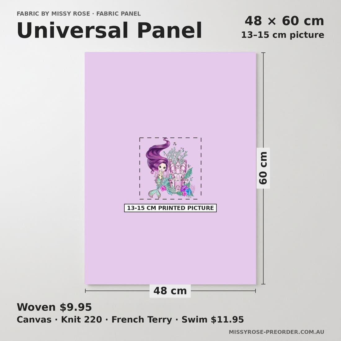 Design 503 Purple Mermaid Panel universal panel sizing – 13–15 cm printed picture on 48 × 60 cm fabric | Fabric by Missy Rose