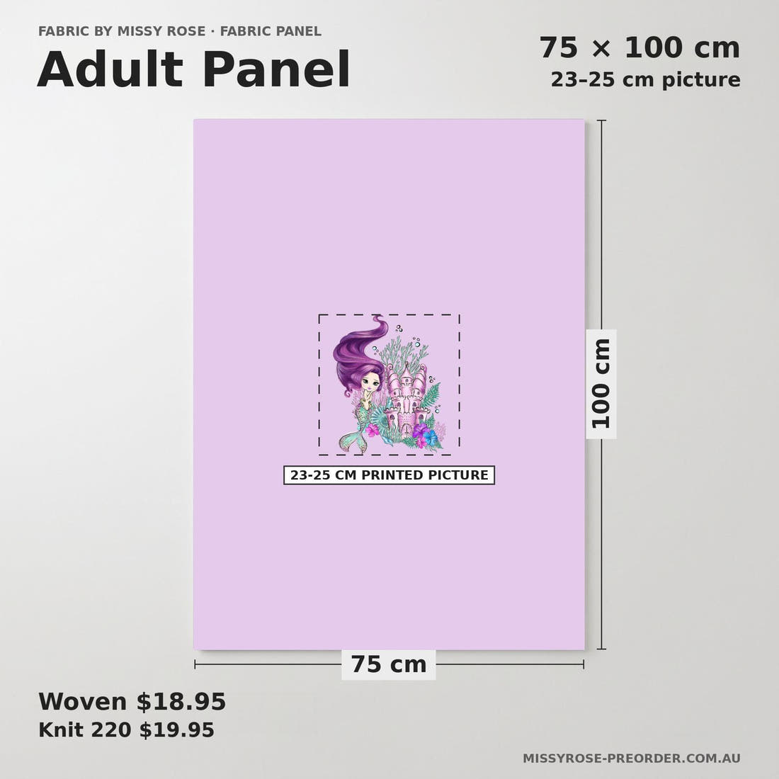 Design 503 Purple Mermaid Panel adult panel sizing – 23–25 cm printed picture on 75 × 100 cm fabric | Fabric by Missy Rose