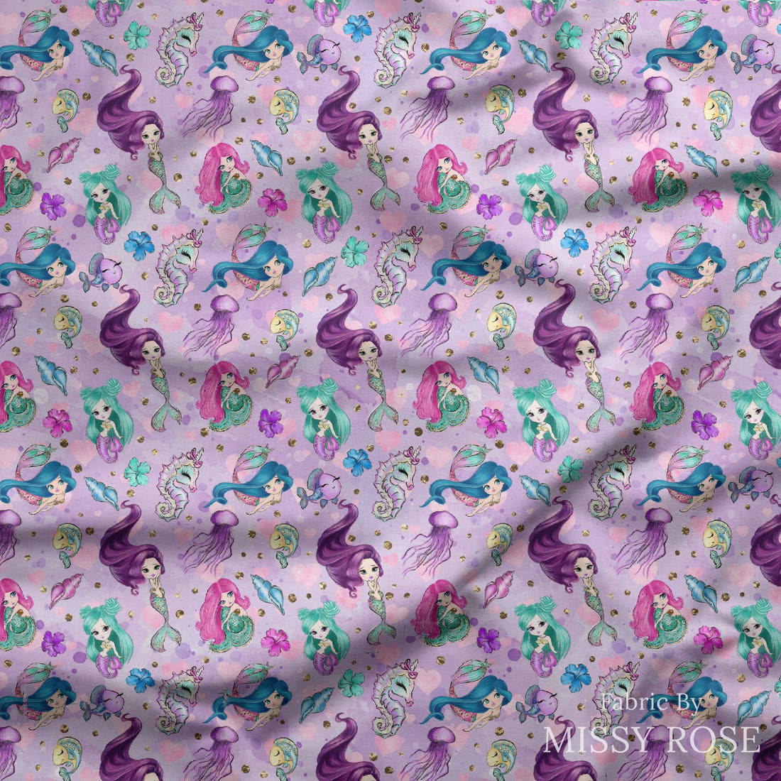 Design 503 Purple Mermaid Fabric draped fabric mockup – custom printed fabric by the metre | Fabric by Missy Rose