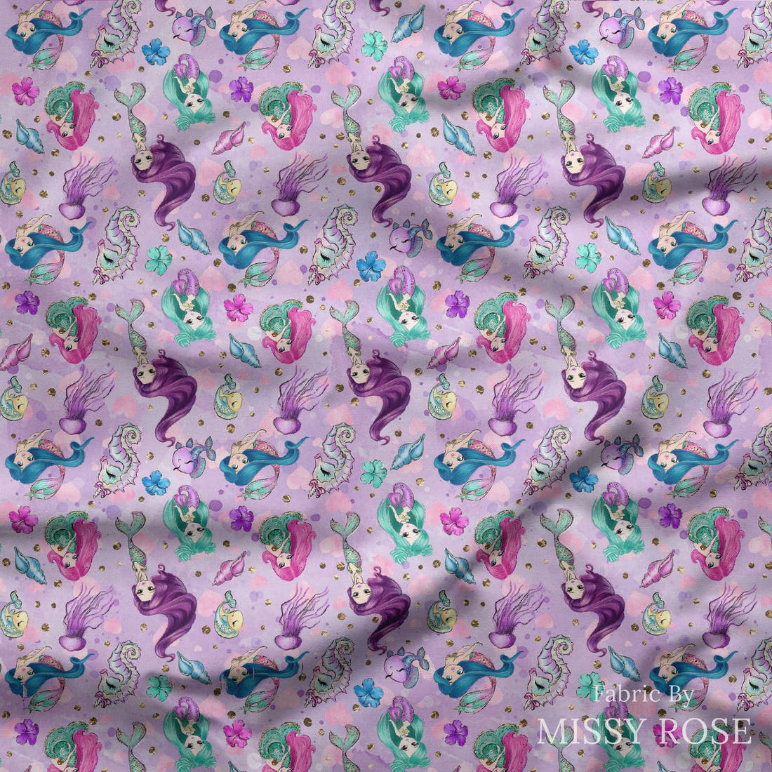 Design 503 Purple Mermaid Fabric draped fabric mockup – custom printed fabric by the metre | Fabric by Missy Rose